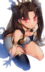 Rule 34 | 1girl, arm support, armlet, artist name, bare arms, bare legs, bare shoulders, black hair, black ribbon, black thighhighs, breasts, commentary request, crown, earrings, fate/grand order, fate (series), female focus, from above, gem, hair ribbon, hoop earrings, ishtar (fate), jewelry, kneeling, leaning, leaning forward, legs, lips, long hair, looking at viewer, looking up, medium breasts, neck ring, pantsu (lootttyyyy), pelvic curtain, red eyes, revealing clothes, ribbon, single sock, single thighhigh, smile, socks, solo, strapless, thighhighs, thighlet, tohsaka rin, two side up, type-moon, white background, zettai ryouiki