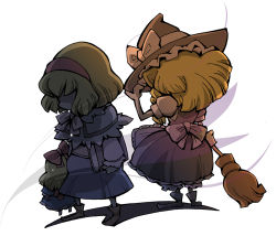 Rule 34 | 2girls, alice margatroid, apron, blonde hair, blue dress, broom, doll, dress, female focus, from behind, full body, hat, holding, hounori, kirisame marisa, multiple girls, puffy short sleeves, puffy sleeves, shaded face, shanghai doll, short hair, short sleeves, standing, tears, touhou, waist apron, wind, witch, witch hat