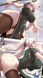 Rule 34 | 1boy, 1girl, ass, bent over, breasts, dress, from below, green dress, hetero, highres, huge ass, huge breasts, long hair, looking at viewer, looking down, mabinogi, nao (mabinogi), niur, outdoors, pale skin, sex, sex from behind, sky, standing, thick thighs, thighs, twintails, vaginal, white hair