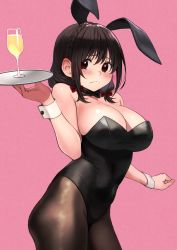 Rule 34 | 1girl, alternate costume, animal ears, bare arms, bare shoulders, black bow, black bowtie, blush, bow, bowtie, braid, breasts, brown pantyhose, cleavage, commentary request, cup, drinking glass, fake animal ears, hair bow, highres, holding, holding tray, izawa (bhive003), kono subarashii sekai ni shukufuku wo!, large breasts, leotard, long hair, looking at viewer, open mouth, pantyhose, pink background, playboy bunny, red bow, red eyes, shiny clothes, simple background, solo, tray, wine glass, wrist cuffs, yunyun (konosuba)