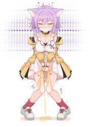 Rule 34 | 1girl, ahoge, animal ear fluff, animal ears, bare shoulders, between legs, blue footwear, blush, breasts, breath, buttons, cat ears, cat girl, cleavage, closed eyes, closed mouth, coat, collar, collarbone, covered erect nipples, cross-laced footwear, crossed bangs, dress, facing viewer, female focus, full body, hand between legs, happy, have to pee, heart, highres, hololive, inugami korone, inugami korone (1st costume), japanese text, large breasts, leaning forward, long sleeves, nekomata okayu, nose blush, off shoulder, open clothes, open coat, own hands together, pee, peeing, peeing self, pigeon-toed, pocket, puddle, purple hair, red socks, shoes, short dress, short hair, sidelocks, sinasimu4746, sleeveless, sleeveless dress, smile, sneakers, socks, solo, standing, straight-on, sweat, translation request, trembling, v arms, virtual youtuber, wet, wet clothes, white background, white dress, wristband, yellow coat