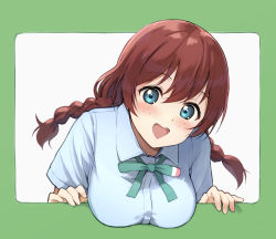 Rule 34 | 1girl, :d, blue eyes, blue shirt, blush, bow, bowtie, braid, breasts, brown hair, collared shirt, emma verde, framed, freckles, green bow, green bowtie, large breasts, long hair, looking at viewer, love live!, love live! nijigasaki high school idol club, low twintails, nijigasaki school uniform, open mouth, outside border, school uniform, shirt, short sleeves, smile, solo, summer uniform, tata (tataice), twin braids, twintails