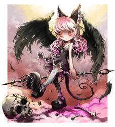 Rule 34 | black wings, bone, bow, chain, cleats, crack, dress, feathers, monster girl, orange eyes, original, pink hair, pointy ears, polearm, shoes, skull, spear, spikes, tail, ume (illegal bible), weapon, wings