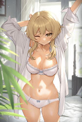Rule 34 | 1girl, absurdres, bed, blonde hair, blurry, blurry background, blurry foreground, blush, bra, breasts, cleavage, closed mouth, collarbone, dappled sunlight, genshin impact, highres, indoors, large breasts, light particles, looking at viewer, lumine (genshin impact), mashilemo, medium hair, morning, one eye closed, open clothes, open shirt, panties, plant, short twintails, solo, stretching, sunlight, thighs, twintails, underwear, white bra, white panties, window, yellow eyes