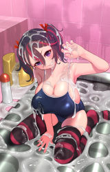 Rule 34 | 1girl, ariduka formica, black hair, black thighhighs, blush, breasts, bust cup, cameltoe, formica kawaii, from above, hair between eyes, hair ribbon, head tilt, huge breasts, kneeling, looking at viewer, lotion, lotion bottle, lotion play, mat play, mole, mole on breast, mole under mouth, multicolored hair, one-piece swimsuit, paw pose, purple eyes, red hair, red ribbon, red thighhighs, ribbon, school swimsuit, sexually suggestive, sharp teeth, short twintails, skindentation, soapland, solo, streaked hair, striped clothes, striped thighhighs, suggestive fluid, swimsuit, teeth, thighhighs, tile wall, tiles, twintails, two-tone legwear, v-shaped eyebrows, virtual ant channel, virtual youtuber, wet, wet clothes, wet swimsuit