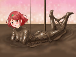 Rule 34 | 1girl, 2022, absurdres, ass, blush, breasts, chocolate, chocolate covered, chocolate on body, eishun31, eyebrows, feet, food on body, highres, jewelry, legs up, looking at viewer, lying, necklace, nude, pyra (xenoblade), red eyes, red hair, short hair, solo, sticky, valentine, xenoblade chronicles (series)