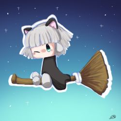 1girl animal_ears blue_eyes broom broom_riding chibi female_focus keke kirby_(series) nintendo solo star_(sky) white_hair wink witch