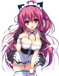 Rule 34 | 1girl, akusera, android, apron, breasts, brown eyes, cleavage, corset, detached collar, female focus, hair ribbon, hand on own chest, large breasts, leaning forward, long hair, maid, maid apron, maid headdress, open m/, ponytail, puffy sleeves, red hair, reminiscence, ribbon, smile, solo, thighhighs, tomose shunsaku, transparent background, very long hair, white thighhighs, wrist cuffs