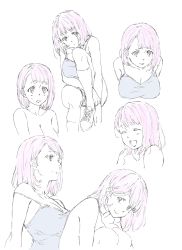 Rule 34 | 1girl, ^ ^, absurdres, breasts, camisole, character sheet, cleavage, closed eyes, commentary request, d:, closed eyes, highres, jijo (kakitama), kakitama, large breasts, multiple views, open mouth, original, shoes, sketch, smile, sneakers, sweatdrop