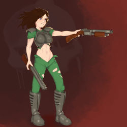 Rule 34 | 1girl, absurdres, armor, armored boots, blue eyes, boots, brown hair, doom (series), green pants, green shirt, gun, highres, ion fury, midriff, navel, open mouth, pants, shelly harrison, shirt, shotgun, smile, solo, standing, thwwshark, torn clothes, torn legwear, weapon