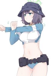 Rule 34 | 1girl, belt, bikini, black hat, blue archive, blue bikini, bucket hat, closed mouth, commentary request, cowboy shot, green eyes, green halo, halo, hat, highres, jacket, long sleeves, midriff, multicolored clothes, multicolored jacket, navel, official alternate costume, pearlgang e, purple hair, raglan sleeves, rash guard, saki (blue archive), saki (swimsuit) (blue archive), short hair, simple background, solo, stretching, swimsuit, two-tone jacket, utility belt, white background