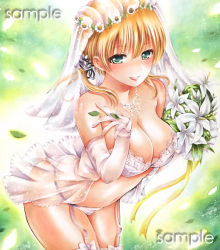 Rule 34 | 10s, 1girl, blonde hair, bouquet, bra, breasts, bridal veil, cleavage, cowboy shot, elbow gloves, flower, fukukaminai, garter straps, gloves, green eyes, hair between eyes, hair ornament, holding, holding bouquet, jewelry, kantai collection, large breasts, looking at viewer, necklace, panties, parted lips, petals, prinz eugen (kancolle), ribbon, sample watermark, see-through, short hair, smile, solo, standing, strapless, strapless bra, twintails, underwear, underwear only, veil, watermark, white bra, white flower, white gloves, white panties, yellow ribbon