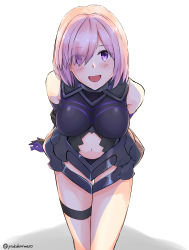 Rule 34 | 1girl, absurdres, armor, armored dress, arms behind back, bare shoulders, blush, breasts, commentary request, eyebrows, eyes visible through hair, fate/grand order, fate (series), hair over one eye, highres, large breasts, looking at viewer, mash kyrielight, navel, open mouth, pink hair, purple eyes, short hair, simple background, solo, twitter username, white background, youko karimero