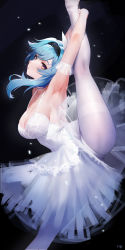 Rule 34 | 1girl, absurdres, arm strap, armpits, arms up, ballet dress, black background, black hairband, blue hair, breasts, butterfly hair ornament, cleavage, closed mouth, dress, eula (genshin impact), genshin impact, hair ornament, hairband, highres, large breasts, long hair, looking at viewer, pantyhose, purple eyes, senba (592683801), signature, solo, split, standing, standing on one leg, standing split, thighband pantyhose, white dress, white pantyhose