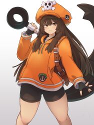 Rule 34 | 1girl, anchor, backpack, bag, bike shorts, black gloves, brown eyes, brown hair, closed mouth, cowboy shot, drawstring, fingerless gloves, gloves, gluteal fold, guilty gear, hat, highres, holding, holding anchor, hood, hood down, light smile, long sleeves, may (guilty gear), skull, solo, standing, yonaga san