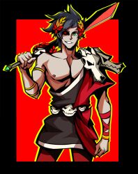 Rule 34 | 1boy, ancient greek clothes, black border, border, greco-roman clothes, green eyes, hades (series), heterochromia, highres, holding, holding sword, holding weapon, laurel crown, male focus, outline, red background, red eyes, rsutibu, single bare shoulder, skull, solo, sword, weapon, yellow outline, zagreus (hades)