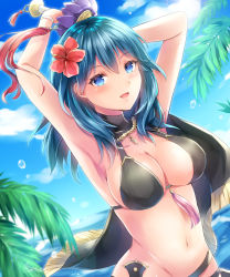 Rule 34 | 1girl, armpits, arms up, ayame (norie11), bikini, black bikini, blue eyes, blue hair, blue sky, breasts, byleth (female) (fire emblem), byleth (female) (summer) (fire emblem), byleth (fire emblem), cloud, day, fire emblem, fire emblem: three houses, fire emblem heroes, flower, hair flower, hair ornament, highres, holding, large breasts, nintendo, official alternate costume, open mouth, outdoors, palm tree, sky, solo, swimsuit, tree, water
