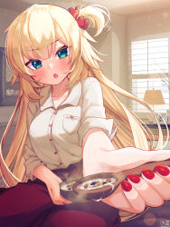 Rule 34 | 1girl, :o, akai haato, aqua eyes, blonde hair, blush, bowl, breasts, collared shirt, commentary request, fingernails, foreshortening, hair ornament, heart, heart hair ornament, highres, holding, holding bowl, holding spoon, hololive, indoors, long hair, long sleeves, looking at viewer, magowasabi, medium breasts, nail polish, one side up, outstretched arm, pants, porridge, red nails, red pants, shirt, signature, sitting, solo, spoon, twitter username, very long hair, virtual youtuber, white shirt, window