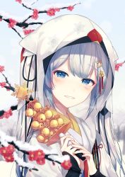 Rule 34 | 1girl, bell, blue eyes, day, flower, hair between eyes, hatsune miku, holding, japanese clothes, jingle bell, kagura suzu, kimono, long hair, looking at viewer, outdoors, red flower, silltare, silver hair, smile, snow, solo, twintails, upper body, vocaloid, white kimono, yuki miku