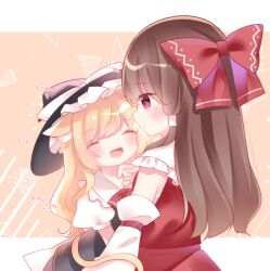 Rule 34 | 2girls, animal ears, blonde hair, blush, bow, brown hair, cacao (cacaomgmg), cat ears, cat tail, chest sarashi, closed eyes, commentary request, detached sleeves, hair bow, hair tubes, hakurei reimu, hat, hat bow, kirisame marisa, long hair, multiple girls, open mouth, puffy short sleeves, puffy sleeves, red bow, red eyes, sarashi, short sleeves, smile, tail, touhou, translation request, white bow, witch hat
