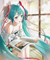 Rule 34 | 1girl, :d, absurdres, ahoge, bare legs, bare shoulders, blue eyes, blue hair, book, breasts, cleavage, collarbone, crop top, detached sleeves, floating hair, hair between eyes, hair ribbon, hatsune miku, highres, holding, holding book, indoors, long hair, medium breasts, open book, open mouth, reading, red ribbon, ribbon, short sleeves, sitting, smile, solo, twintails, very long hair, vocaloid, white sleeves, wooden floor, yaomiaomiao