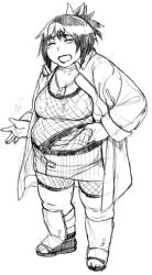 Rule 34 | 1girl, belly, blush, breasts, cleavage, closed eyes, fat, fishnets, forehead protector, full body, headband, jewelry, medium breasts, mitarashi anko, monochrome, naruto, naruto (series), necklace, nekomata naomi, open mouth, sagging breasts, short hair, sketch, skirt, solo, standing