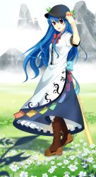Rule 34 | 1girl, blue hair, boots, cross-laced footwear, dress, field, flower, flower field, full body, garigarigari, hand on headwear, hat, hinanawi tenshi, knee boots, lace-up boots, long hair, looking at viewer, mountain, red eyes, smile, solo, standing, touhou