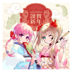 2024 2girls aster_tatariqus blonde_hair blue_eyes braid chinese_zodiac closed_mouth flower gloves guinevere_(aster_tatariqus) hagoita hair_flower hair_ornament highres japanese_clothes kimono long_hair looking_at_viewer multiple_girls obi official_art one_eye_closed open_mouth paddle pen pink_hair red_eyes sash smile two_side_up tyrfing_(phantom_of_the_kill) year_of_the_dragon