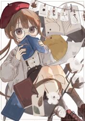 Rule 34 | 1girl, absurdres, beret, book, branch, brown eyes, brown hair, brown overalls, buttons, child, cotton (plant), hat, highres, holding, holding book, knees up, long hair, long sleeves, looking at viewer, mamu (ma mu chan), on chair, open book, original, overalls, photo (object), shirt, shorts, sitting, solo, sweater, white background