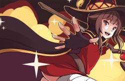 Rule 34 | 1girl, :d, bandages, black gloves, brown hair, cape, dress, fingerless gloves, gloves, hat, holding, holding staff, kono subarashii sekai ni shukufuku wo!, long hair, megumin, open mouth, outstretched arm, red cape, red dress, red eyes, short dress, short hair with long locks, sidelocks, smile, solo, sparkle, staff, witch hat, xipel