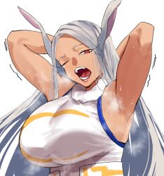 Rule 34 | 1girl, absurdres, animal ears, armpits, arms behind head, arms up, bare arms, bare shoulders, bettkan, boku no hero academia, breasts, crescent print, dark-skinned female, dark skin, fur collar, highres, large breasts, leotard, long eyelashes, long hair, looking at viewer, mirko, one eye closed, open mouth, parted bangs, rabbit ears, rabbit girl, raised eyebrow, red eyes, smell, solo, steaming body, sweat, taut leotard, tears, teeth, upper body, white background, white hair, yawning