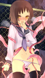 Rule 34 | 1girl, bad id, bad pixiv id, blush, bottomless, brown hair, chain-link fence, face, fence, groin, hand to own mouth, navel, no pants, noco (adamas), open mouth, original, panties, panty pull, school uniform, serafuku, short hair, slime (substance), solo, tears, tentacles, thighhighs, underwear, yellow eyes