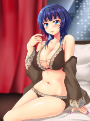Rule 34 | asaka karin, bed, bed sheet, bikini, blouse, blue eyes, blue hair, blush, breasts, brown bikini, city lights, collarbone, curtains, hand up, highres, large breasts, looking at viewer, love live!, love live! nijigasaki high school idol club, medium hair, mole, mole on body, mole on collarbone, nail polish, navel, night, on bed, open clothes, open shirt, pillow, purple nails, red curtains, see-through, shirt, sitting, solo, swimsuit, utomo, window