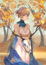 Rule 34 | 1girl, absurdres, autumn leaves, bare shoulders, blonde hair, blue eyes, breasts, closed mouth, cowboy shot, deer skull, detached collar, dress, earrings, feather hair ornament, feathers, hair ornament, highres, holding, holding skull, jewelry, kasumi yuzuha, looking at viewer, medium breasts, original, short hair, skull, solo, white dress