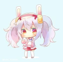 Rule 34 | 1girl, animal ears, azur lane, blue background, blush, camisole, chibi, closed mouth, commentary request, full body, grey footwear, hair between eyes, hair ornament, hairband, hand up, jacket, kou hiyoyo, laffey (azur lane), long hair, long sleeves, looking at viewer, lowres, off shoulder, pink jacket, pleated skirt, rabbit ears, red eyes, red hairband, red skirt, silver hair, skirt, sleeves past fingers, sleeves past wrists, solo, standing, thighhighs, twintails, twitter username, very long hair, white camisole, white thighhighs