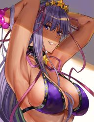 Rule 34 | 1girl, armpits, arms behind head, arms up, bb (fate), bb (fate) (all), bb (swimsuit mooncancer) (fate), bikini, blush, bracelet, breasts, collarbone, fate/grand order, fate (series), grin, hair between breasts, hair between eyes, highres, inusaka, jewelry, large breasts, light rays, long hair, looking at viewer, oekaki, purple bikini, purple eyes, purple hair, sideboob, smile, solo, swimsuit, tan, tiara, upper body