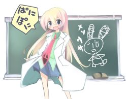 Rule 34 | 00s, 1girl, :d, blonde hair, blue eyes, chalk, chalkboard, child, contrapposto, kanikama, lab coat, long hair, necktie, open mouth, pani poni dash!, pleated skirt, rebecca miyamoto, simple background, skirt, smile, solo, standing, white background