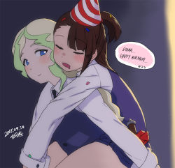 Rule 34 | 2girls, blonde hair, blue eyes, blurry, blurry background, blush, brown hair, carrying, closed mouth, collared shirt, confetti, dated, depth of field, diana cavendish, drooling, english text, closed eyes, from side, green hair, happy birthday, hat, kagari atsuko, little witch academia, long hair, long sleeves, looking at another, looking back, multicolored hair, multiple girls, necktie, open mouth, party hat, piggyback, purple vest, shirt, signature, smile, topknot, tsukudani (coke-buta), two-tone hair, vest, wand, white shirt, wing collar, yuri