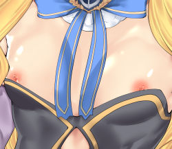 Rule 34 | 10s, 1girl, azur lane, black skirt, blonde hair, blue bow, blue ribbon, bow, breast focus, breasts, close-up, clothes pull, commentary request, detached collar, head out of frame, long hair, neck ribbon, nipple slip, nipples, queen elizabeth (azur lane), ribbon, shiny skin, shirt pull, skirt, small breasts, solo, strapless, takara akihito, upper body, very long hair