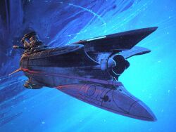 Rule 34 | blue theme, concept art, flying, mecha focus, no humans, science fiction, space, spacecraft, syd mead, third-party source, traditional media, yamato2520, yamato (uchuu senkan yamato)