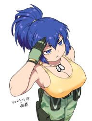 Rule 34 | 1girl, arm pouch, bare shoulders, blue eyes, blue hair, breasts, camouflage, camouflage pants, cargo pants, commentary request, dated, dog tags, earrings, gloves, jewelry, large breasts, leona heidern, pants, ponytail, signature, simple background, sleeveless, soldier, solo, tank top, the king of fighters, the king of fighters xv, triangle earrings, tsukudani (coke-buta), white background, yellow tank top