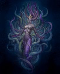 Rule 34 | 1girl, breasts, claws, cthulhu mythos, douzen, extra breasts, female focus, gradient background, highres, hydra (lovecraft), monster girl, no navel, nude, original, solo, tentacle hair, tentacles
