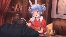 Rule 34 | 1boy, 1girl, :d, alcohol, animal ear fluff, animal ears, bar (place), barrel, bat (animal), blue hair, blush, bottle, brown hair, commentary request, cup, don-chan (usada pekora), drinking glass, hair between eyes, hair ornament, hair up, hand on another&#039;s head, heart, highres, hololive, ice, ice cube, indoors, japanese clothes, kimono, liquor, looking at another, multicolored hair, obi, open mouth, rabbit ears, red eyes, red kimono, roke (taikodon), sash, smile, two-tone hair, usada pekora, usada pekora (new year), virtual youtuber, whiskey, white hair