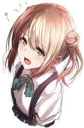 Rule 34 | 10s, 1girl, absurdres, brown hair, double bun, fang, green eyes, hair bun, highres, kantai collection, michishio (kancolle), open mouth, shirt, short hair, short sleeves, simple background, solo, suspenders, tai (nazutai), twintails, white background, white shirt
