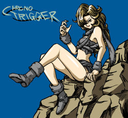 Rule 34 | 1990s (style), 1girl, arm support, armor, ass, ayla (chrono trigger), bare shoulders, black footwear, blue background, blue eyes, boots, brown hair, bucter 6 8, chrono (series), chrono trigger, closed mouth, copyright name, full body, hair over one eye, highres, knee boots, leg up, long hair, looking at viewer, no socks, retro artstyle, rock, sarong, shiny skin, simple background, sitting, smile, solo, square enix, strapless, tube top, wristband