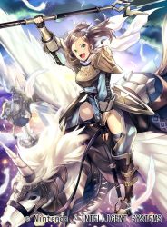 Rule 34 | 3girls, armor, breastplate, cloud, cloudy sky, commentary request, company name, copyright name, cynthia (fire emblem), dress, feathers, fingerless gloves, fire emblem, fire emblem awakening, fire emblem cipher, gloves, green eyes, grey hair, holding, holding weapon, horns, long hair, long sleeves, looking at viewer, multiple girls, nagahama megumi, nintendo, official art, open mouth, outdoors, parted bangs, pegasus, pegasus knight uniform (fire emblem), polearm, single horn, sky, smile, spear, weapon