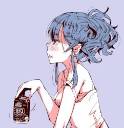 Rule 34 | 1girl, beer can, blue eyes, blue hair, blush, camisole, can, character request, copyright request, drink can, drunk, fang, from side, holding, holding can, long hair, messy hair, open mouth, ponytail, shimazaki1152, sidelocks, tagme, upper body, yebisu