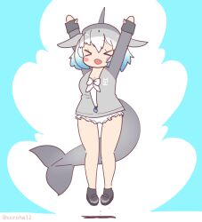 Rule 34 | 1girl, arms up, blue background, blue hair, cetacean tail, common bottlenose dolphin (kemono friends), coroha, dolphin girl, fingerless gloves, fins, fish tail, full body, gloves, grey hair, head fins, jacket, japari symbol, jumping, kemono friends, looking at viewer, multicolored hair, shoes, short hair, simple background, solo, swimsuit, tail, two-tone hair