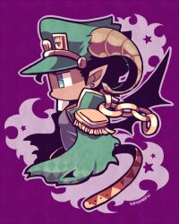 Rule 34 | 1boy, belt, black hair, black wings, blue eyes, brown horns, chain, chibi, chibi only, coat, cropped torso, curled horns, demon wings, earrings, from above, from side, green coat, green hat, grey shirt, hat, horns, jewelry, jojo no kimyou na bouken, kotorai, kuujou joutarou, male focus, no mouth, pointy ears, purple background, shirt, sideburns, signature, solo, wings