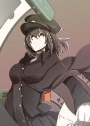Rule 34 | 10s, 1girl, akitsu maru (kancolle), black eyes, black hair, blurry, breasts, cape, depth of field, gloves, hair between eyes, hat, highres, holding, holding paper, kantai collection, large breasts, looking at viewer, md5 mismatch, military, pale skin, paper, resized, resolution mismatch, scroll, short hair, simple background, skirt, solo, source larger, tsukamoto minori, upper body, white gloves, wind